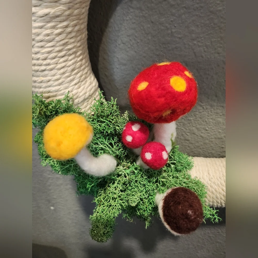 Off White Needlefelted Colorful Mushroom And Moss Hanging Wreath